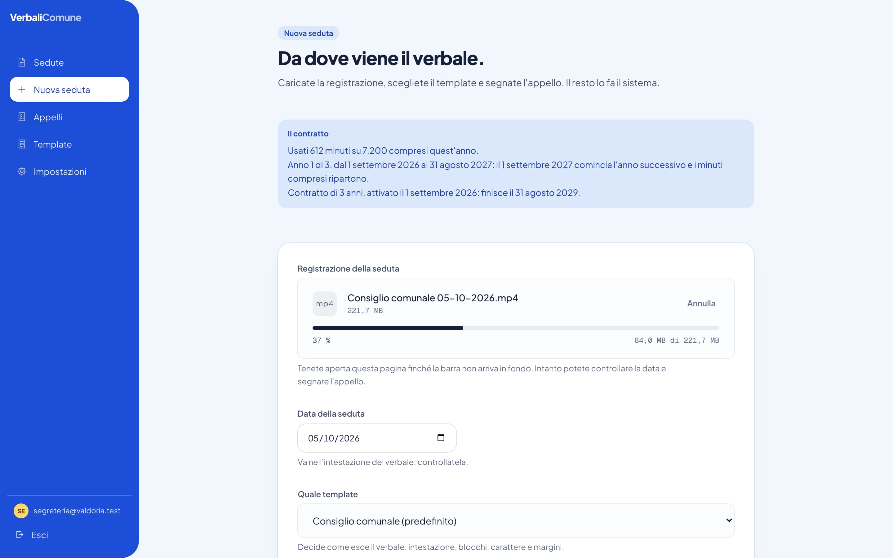La pagina «Nuova seduta» mentre la registrazione di una seduta inventata si carica.